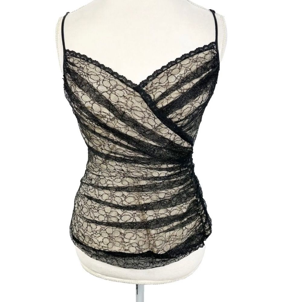Tadashi Black Floral Lace Evening Camisole Tank Top Nude Silk Lined Size 6
